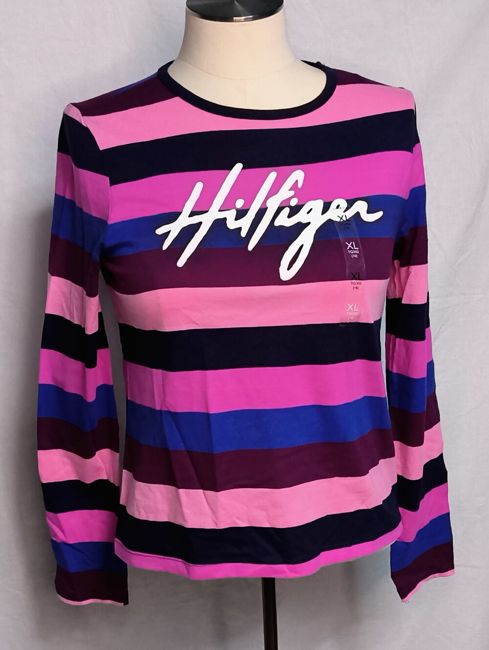 Tommy Hilfiger Pink, Blue & Black Striped Long Sleeve Logo Tee Girls XL/16